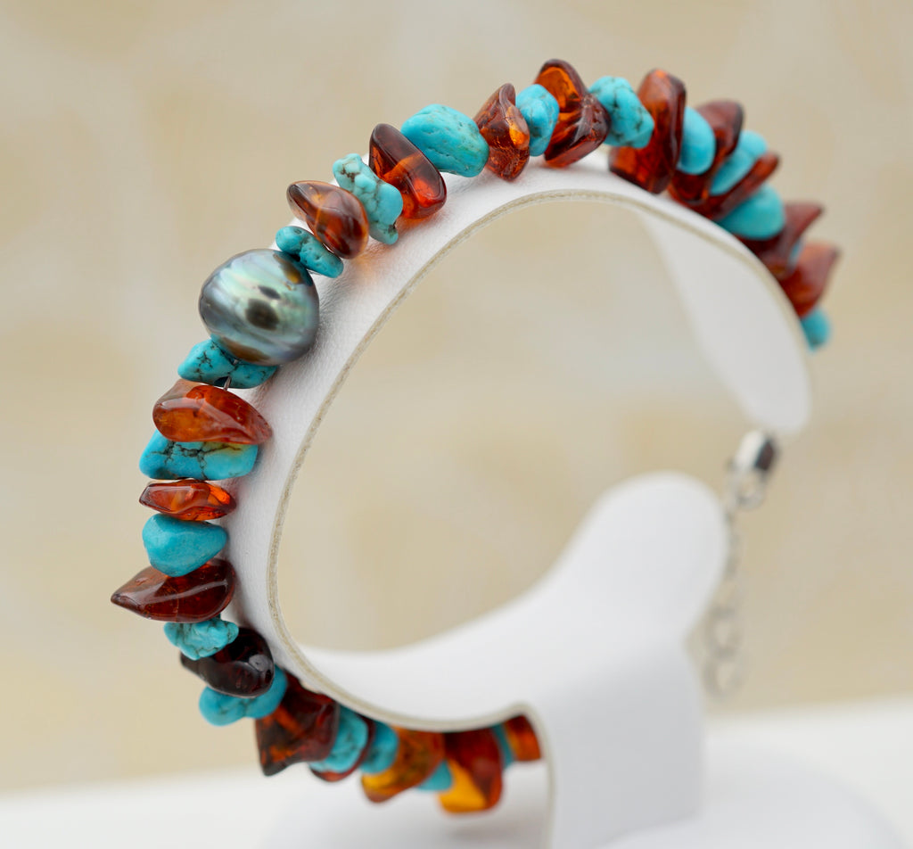 Collection poeiti perle baroque sur ambre et turquoise