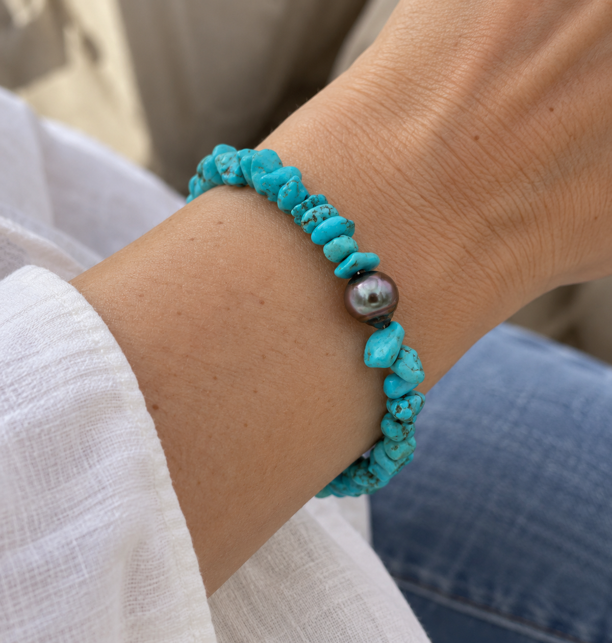 Collection Poeiti - pierres turquoises & perle de 8.2mm
