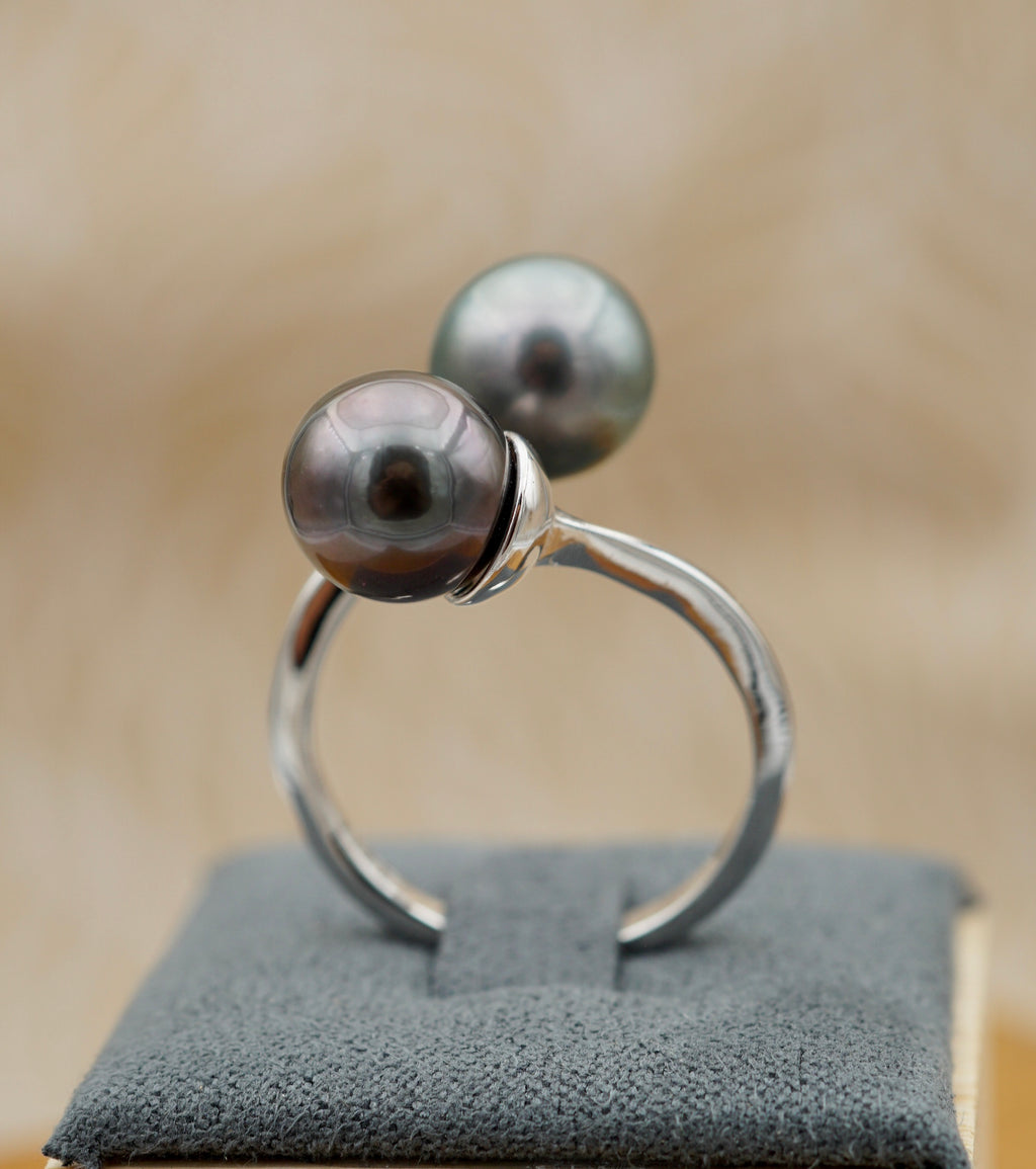 Rikitea deux perles de Tahiti bague toi & moi sur argent 925
