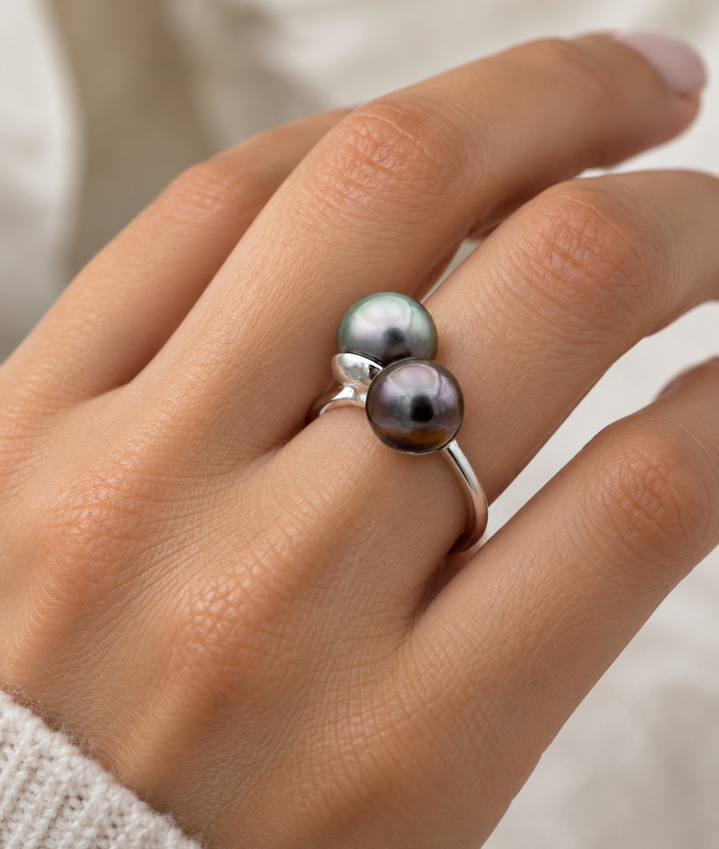 Rikitea deux perles de Tahiti bague toi & moi sur argent 925